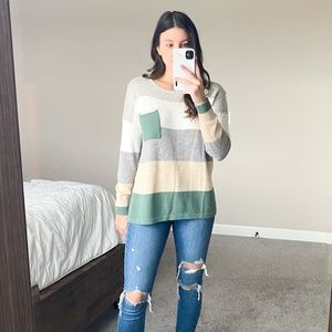 Block Stripe Thin Sweater with Pocket